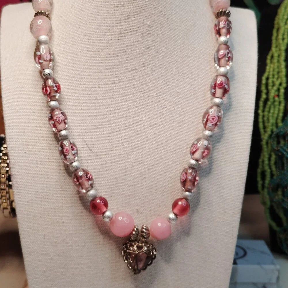 Artisan Made Vintage Pink Glass Bead Necklace Filigree Heart Dangle 19